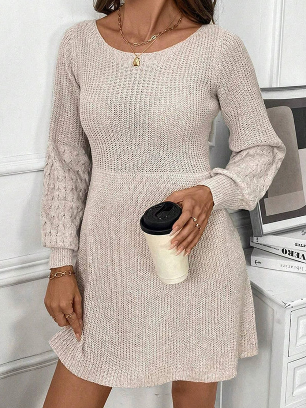 Womens Fall Winter Loose High Waist A Line Hem Crew Neck Pullover Sweater Dress